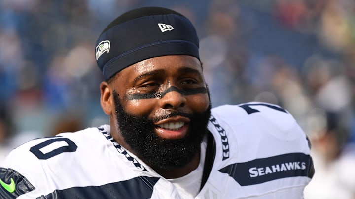 Seattle Seahawks offensive tackle Jason Peters warms up before a game.