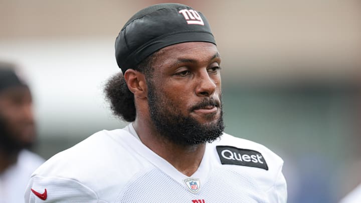 Jul 24, 2024; East Rutherford, NJ, USA; New York Giants linebacker Kayvon Thibodeaux (5) during training camp at Quest Diagnostics Training Facility. Mandatory Credit: Vincent Carchietta-Imagn Images