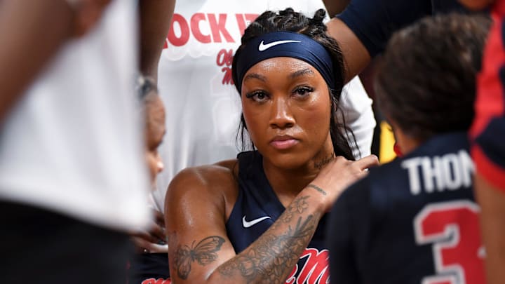Ole Miss Rebels forward Cotie McMahon (32) listens during a timeout Saturday, March 7, 2026, during the SEC Women's Basketball Tournament semifinals game against the Texas Longhorns at Bon Secours Wellness Arena in Greenville, South Carolina. Texas Longhorns won 85-68.