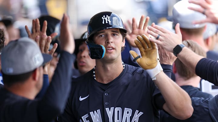Mar 4, 2025; Clearwater, Florida, USA; New York Yankees outfielder Spencer Jones (78) celebrates after hitting a three-run home run against the Philadelphia Phillies in the third inning during spring training at BayCare Ballpark. Mandatory Credit: Nathan Ray Seebeck-Imagn Images
