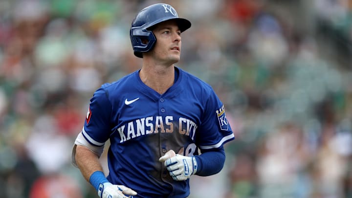 Sep 28, 2025; West Sacramento, California, USA; Kansas City Royals right fielder Mike Yastrzemski (13) jogs around the bases after hitting a solo home run against the Athletics during the seventh inning at Sutter Health Park. Mandatory Credit: Dennis Lee-Imagn Images