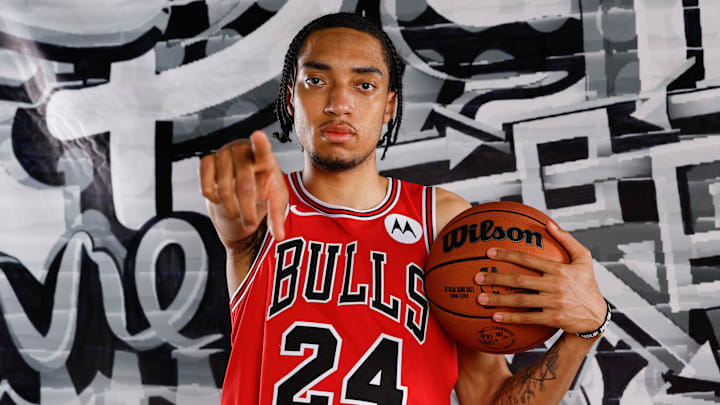 2025 NBA Rookie Photo Shoot, Noa Essengue of the Chicago Bulls points toward the camera
