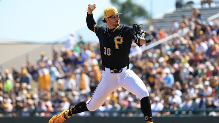 Mar 21, 2026; Bradenton, Florida, USA; Pittsburgh Pirates starting pitcher Paul Skenes (30) throws a pitch during the first inning against the Toronto Blue Jays at LECOM Park. Mandatory Credit: Kim Klement Neitzel-Imagn Images