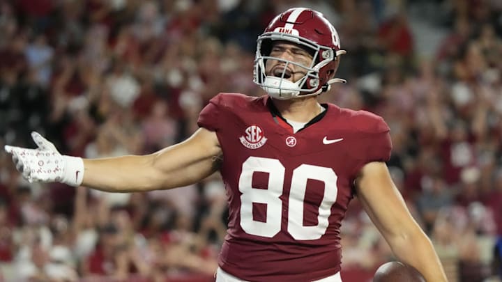 Sep 6, 2025; Tuscaloosa, Alabama, USA;  Alabama tight end Josh Cuevas (80) celebrates after scoring a touchdown against UL Monroe at Saban Field at Bryant-Denny Stadium. Alabama defeated UL Monroe 73-0. 