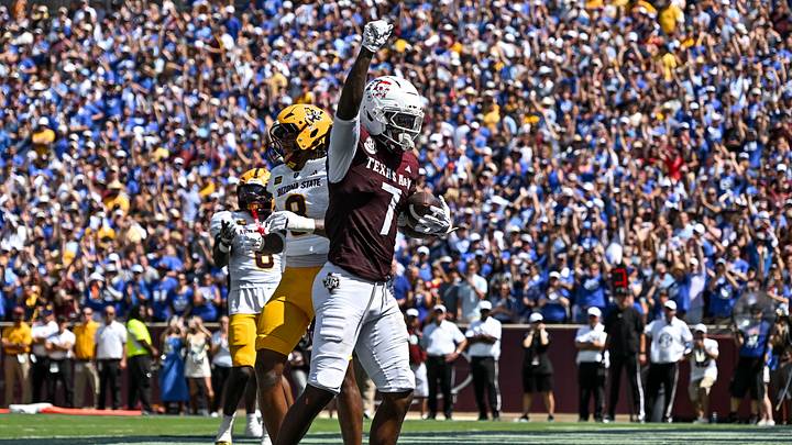 Sep 12, 2026; College Station, Texas, USA; Texas A&M Aggies wide receiver Isaiah Horton (7) celebrates after scoring a touchdown against Arizona State Sun Devils at Kyle Field. Mandatory Credit: Maria Lysaker-Imagn Images Sep 12, 2026; College Station, Texas, USA; Texas A&M Aggies wide receiver Isaiah Horton (7) celebrates after scoring a touchdown against Arizona State Sun Devils at Kyle Field. Mandatory Credit: Maria Lysaker-Imagn Images