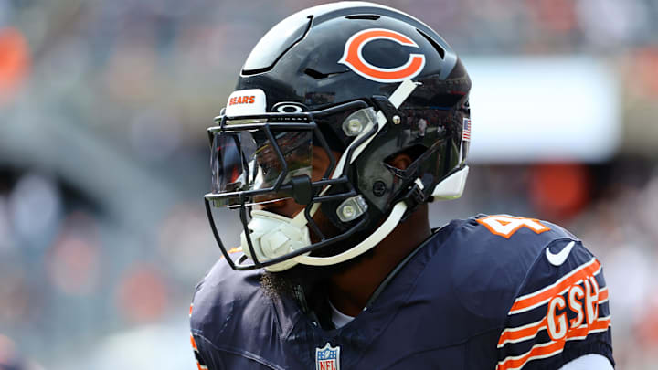 Sep 8, 2024; Chicago, Illinois, USA; Chicago Bears running back D'Andre Swift (4) practices before the game against the Tennessee Titans at Soldier Field. Mandatory Credit: Mike Dinovo-Imagn Images