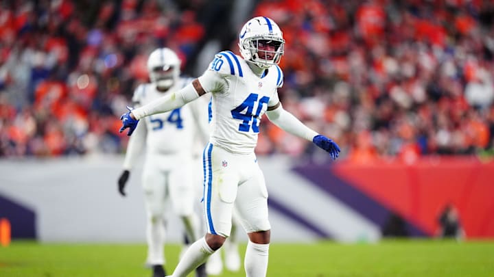 Dec 15, 2024; Denver, Colorado, USA; Indianapolis Colts cornerback Jaylon Jones (40) reacts in the second half against the Denver Broncos at Empower Field at Mile High. 