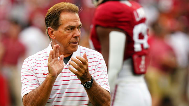Sep 9, 2023; Tuscaloosa, Alabama, USA; Alabama Crimson Tide head coach Nick Saban cheers on his players before their game against the Texas Longhorns at Bryant-Denny Stadium. Mandatory Credit: John David Mercer-Imagn Images