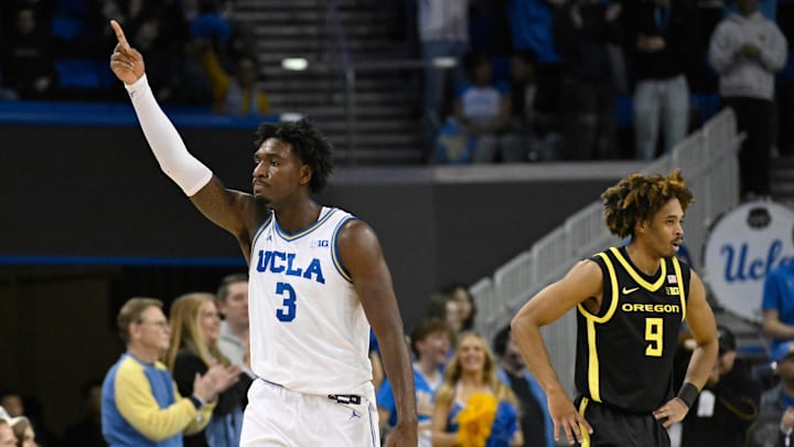 Jan 30, 2025; Los Angeles, California, USA; UCLA Bruins guard Eric Dailey Jr. (3) celebrates after making a shot against Oregon Ducks guard Keeshawn Barthelemy (9) during the second half at Pauley Pavilion presented by Wescom. Mandatory Credit: Alex Gallardo-Imagn Images Jan 30, 2025; Los Angeles, California, USA; UCLA Bruins guard Eric Dailey Jr. (3) celebrates after making a shot against Oregon Ducks guard Keeshawn Barthelemy (9) during the second half at Pauley Pavilion presented by Wescom. Mandatory Credit: Alex Gallardo-Imagn Images