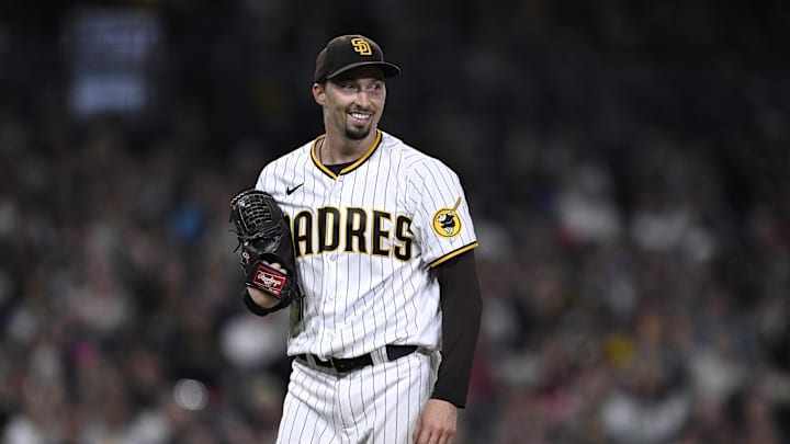 Sep 19, 2023; San Diego, California, USA; San Diego Padres starting pitcher Blake Snell (4) smiles