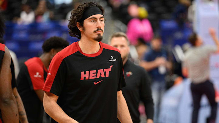 Mar 31, 2025; Washington, District of Columbia, USA; Miami Heat guard Jaime Jaquez Jr. (11) warms up prior to the game against against the Washington Wizards at Capital One Arena. Mandatory Credit: Reggie Hildred-Imagn Images