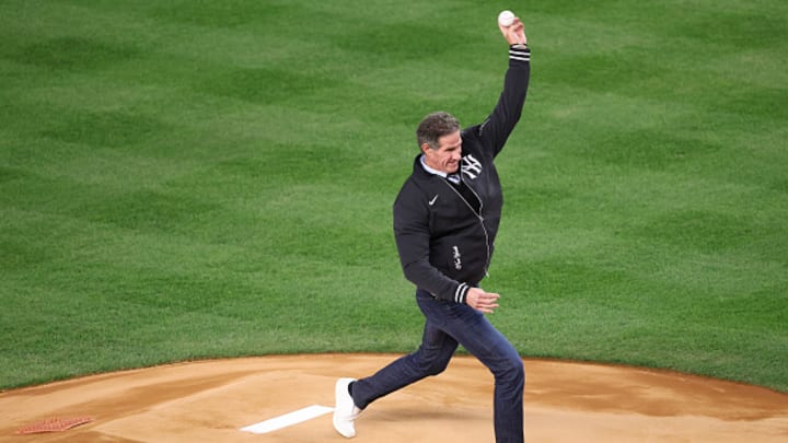 Former New York Yankees star Paul O'Neill throws the ceremonial first pitch before World Series Game 4 at Yankee Stadium.