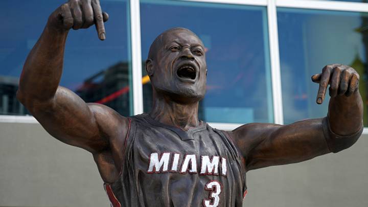 The bronze statue of former Heat guard Dwyane Wade outside Miami’s Kaseya Center actually looks like him, now.