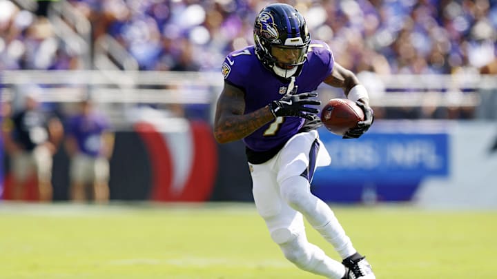 Sep 14, 2025; Baltimore, Maryland, USA; Baltimore Ravens wide receiver Rashod Bateman (7) runs the ball during the first half against the Cleveland Browns at M&T Bank Stadium. Mandatory Credit: Peter Casey-Imagn Images