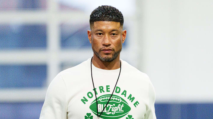 Head coach Marcus Freeman during a Notre Dame football practice at Irish Athletic Center on Saturday, April 18, 2026, in South Bend. Head coach Marcus Freeman during a Notre Dame football practice at Irish Athletic Center on Saturday, April 18, 2026, in South Bend.