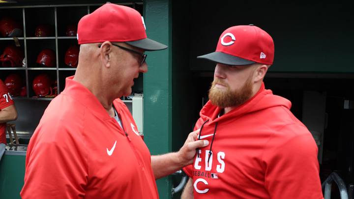 Jun 27, 2026; Pittsburgh, Pennsylvania, USA;  Cincinnati Reds manager Terry Francona (left) talks with outfielder Blake Dunn (right) in the dugout before the game against the Pittsburgh Pirates at PNC Park. Mandatory Credit: Charles LeClaire-Imagn Images