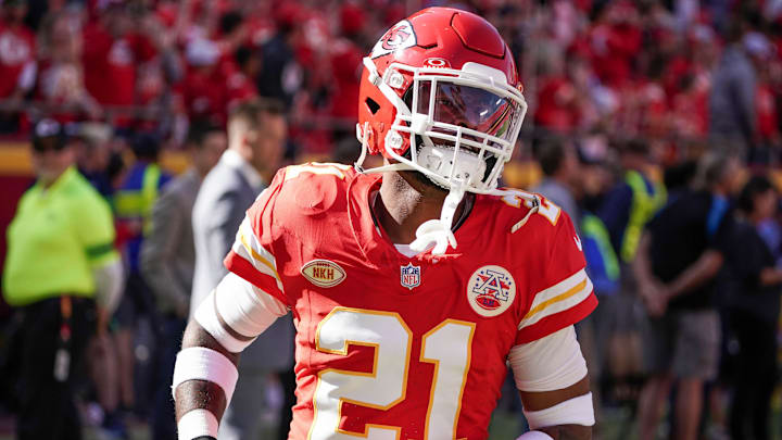 Oct 12, 2023; Kansas City, Missouri, USA; Kansas City Chiefs safety Mike Edwards (21) takes the field for warm ups against the Los Angeles Chargers prior to a game at GEHA Field at Arrowhead Stadium.