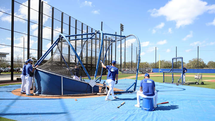 Feb 15, 2025; Dunedin, FL, USA; Toronto Blue Jays outfielder Jonatan Clase (8) takes batting practice during spring training workouts at TD Ballpark. Mandatory Credit: Kim Klement Neitzel-Imagn Images