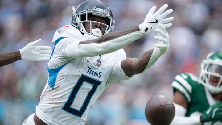 Tennessee Titans wide receiver Calvin Ridley (0) can't get to the overthrown pass agains the New York Jets during their game at Nissan Stadium in Nashville, Tenn., Sunday, Sept. 15, 2024.