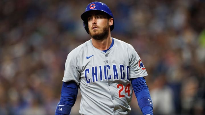 Jun 13, 2024; St. Petersburg, Florida, USA; Chicago Cubs first baseman Cody Bellinger (24) reacts after striking out against the Tampa Bay Rays in the sixth inning at Tropicana Field. Jun 13, 2024; St. Petersburg, Florida, USA; Chicago Cubs first baseman Cody Bellinger (24) reacts after striking out against the Tampa Bay Rays in the sixth inning at Tropicana Field.