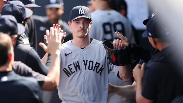 Apr 20, 2025; Tampa, Florida, USA; New York Yankees starting pitcher Max Fried (54) leaves a game against the Tampa Bay Rays in the eighth inning at George M. Steinbrenner Field. 