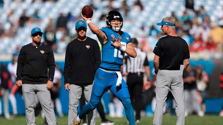 Jacksonville Jaguars quarterback Trevor Lawrence (16) warms up before an NFL football matchup Sunday, Dec. 1, 2024 at EverBank Stadium in Jacksonville, Fla. [Corey Perrine/Florida Times-Union]
