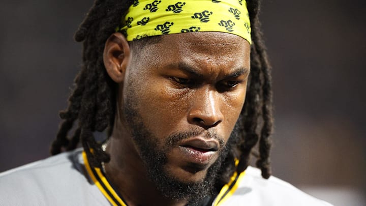 Mar 31, 2025; St. Petersburg, Florida, USA; Pittsburgh Pirates center fielder Oneil Cruz (15) looks on after an at bat against the Tampa Bay Rays in the ninth inning at George M. Steinbrenner Field. Mandatory Credit: Nathan Ray Seebeck-Imagn Images