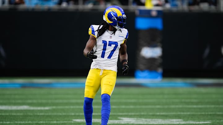 Nov 30, 2025; Charlotte, North Carolina, USA; Los Angeles Rams wide receiver Davante Adams (17) looks on during the first quarter against the Carolina Panthers at Bank of America Stadium. Mandatory Credit: Jim Dedmon-Imagn Images
