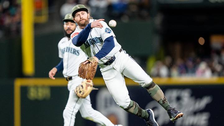 May 15, 2026; Seattle, Washington, USA; Seattle Mariners third baseman Brendan Donovan (33) throws to first base after fielding a ball during the fifth inning against the San Diego Padres at T-Mobile Park. Mandatory Credit: Stephen Brashear-Imagn Images May 15, 2026; Seattle, Washington, USA; Seattle Mariners third baseman Brendan Donovan (33) throws to first base after fielding a ball during the fifth inning against the San Diego Padres at T-Mobile Park. Mandatory Credit: Stephen Brashear-Imagn Images