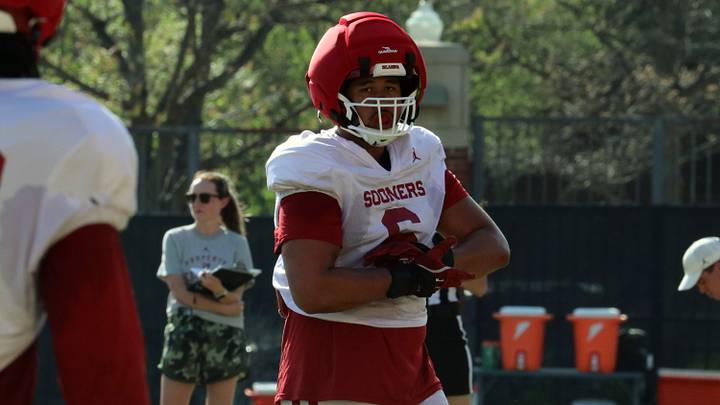 Oklahoma defensive lineman Nigel Smith looks on during one of the Sooners' spring practices