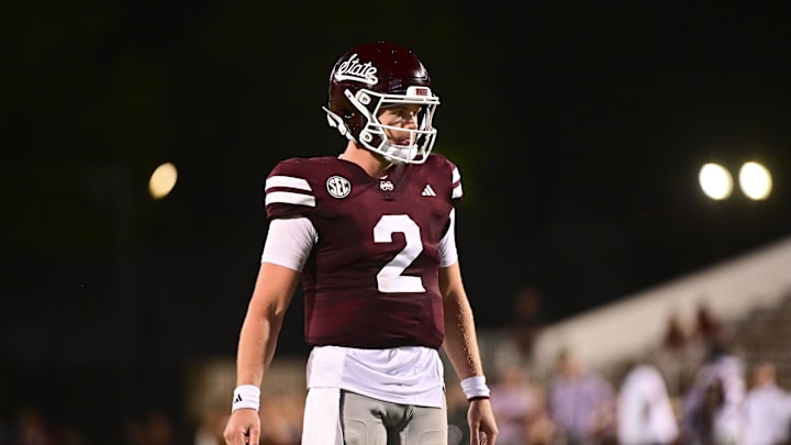 Sep 14, 2024; Starkville, Mississippi, USA; Mississippi State Bulldogs quarterback Blake Shapen (2) reacts after a play against the Toledo Rockets during the fourth quarter at Davis Wade Stadium at Scott Field. Mandatory Credit: Matt Bush-Imagn Images