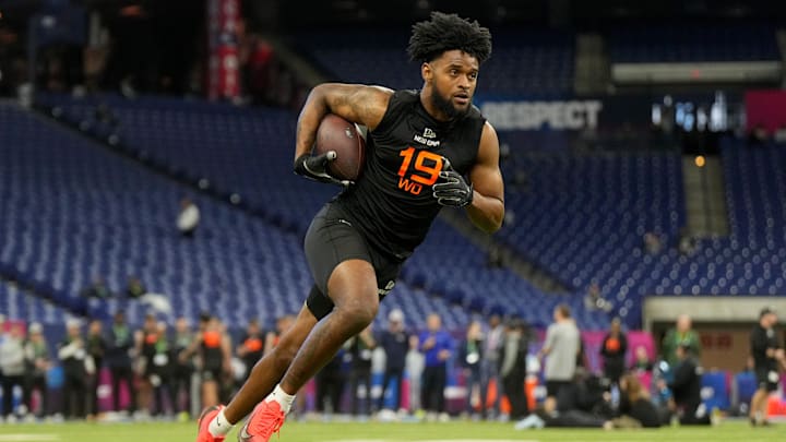 Oregon wideout Traeshon Holden during the 2025 NFL Combine at Lucas Oil Stadium.
