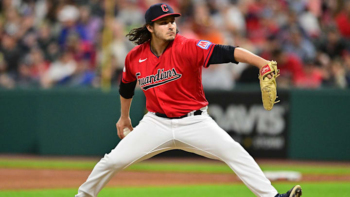 Sep 1, 2023; Cleveland, Ohio, USA; Cleveland Guardians relief pitcher Eli Morgan (49) throws a pitch during the seventh inning against the Tampa Bay Rays at Progressive Field. Mandatory Credit: Ken Blaze-Imagn Images