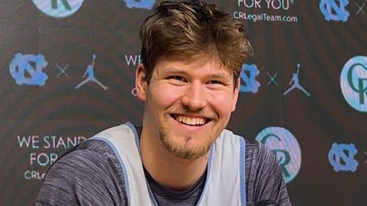 UNC center Henri Veesaar during a press conference on Thursday, March 5, 2026, in the Smith Center media room.