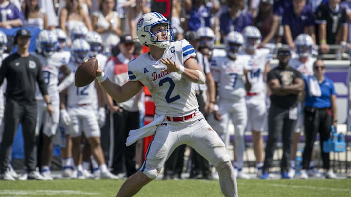 Sep 23, 2023; Fort Worth, Texas, USA; SMU Mustangs quarterback Preston Stone (2) in action during the game between the TCU Horned Frogs and the SMU Mustangs at Amon G. Carter Stadium. Mandatory Credit: Jerome Miron-Imagn Images Sep 23, 2023; Fort Worth, Texas, USA; SMU Mustangs quarterback Preston Stone (2) in action during the game between the TCU Horned Frogs and the SMU Mustangs at Amon G. Carter Stadium. Mandatory Credit: Jerome Miron-Imagn Images