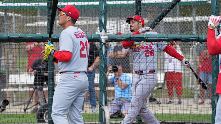 Feb 17, 2025; Jupiter, FL, USA;  St. Louis Cardinals third baseman Nolan Arenado (28) takes live batting practice at spring training. Mandatory Credit: Jim Rassol-Imagn Images