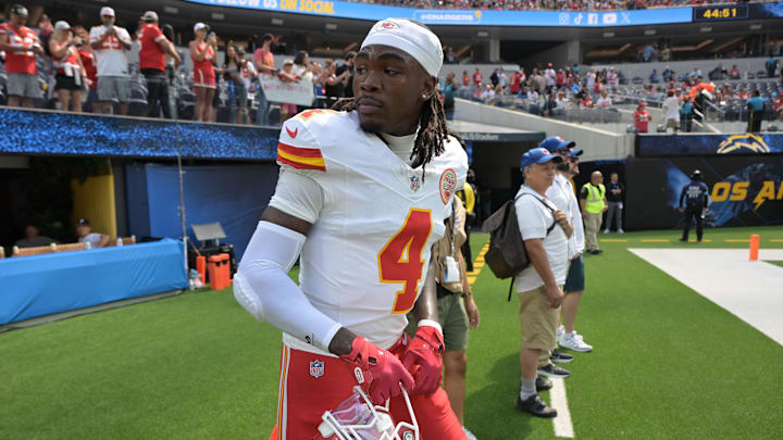 Sep 29, 2024; Inglewood, California, USA;  Kansas City Chiefs wide receiver Rashee Rice (4) leaves the field following the game against the Los Angeles Chargers at SoFi Stadium. Mandatory Credit: Jayne Kamin-Oncea-Imagn Images
