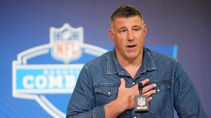 Feb 25, 2026; Indianapolis, IN, USA; New England Patriots coach Mike Vrabel speaks during the NFL Scouting Combine at the Indiana Convention Center. Mandatory Credit: Kirby Lee-Imagn Images