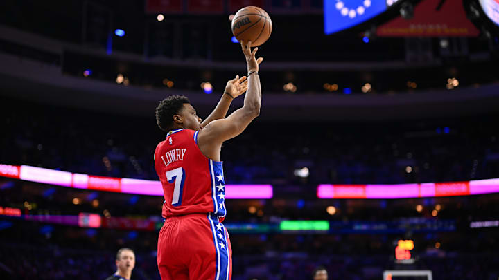 Jan 31, 2025; Philadelphia, Pennsylvania, USA; Philadelphia 76ers guard Kyle Lowry (7) shoots the ball against the Denver Nuggets in the third quarter at Wells Fargo Center. Mandatory Credit: Kyle Ross-Imagn Images