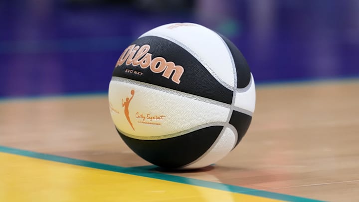 Jun 17, 2025; Los Angeles, California, USA; A Wilson official WNBA Evo NXT basketball with the Commissioner's Cup logo during the game between the Seattle Storm and the LA Sparks at Crypto.com Arena. Mandatory Credit: Kirby Lee-Imagn Images