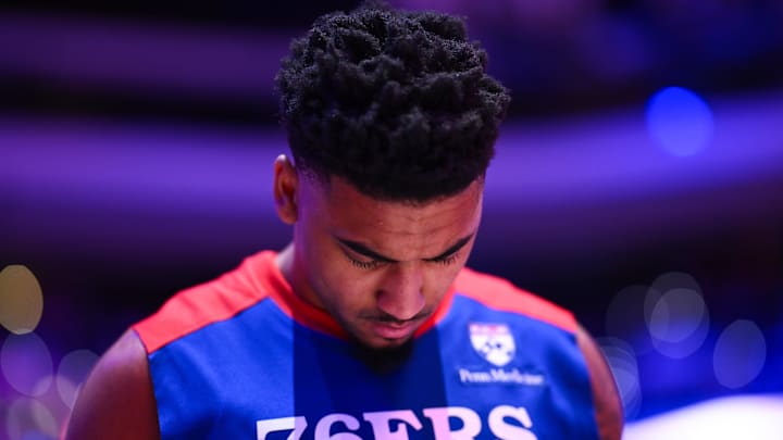 Dec 6, 2024; Philadelphia, Pennsylvania, USA; Philadelphia 76ers forward KJ Martin (1) observes the national anthem before the game against the Orlando Magic at Wells Fargo Center. Mandatory Credit: Kyle Ross-Imagn Images