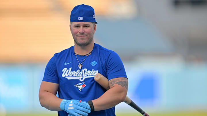 Oct 26, 2025; Los Angeles, CA, USA;  Toronto Blue Jays outfielder Ty France (2) takes batting practice during World Series workouts prior to game 3 against the Los Angeles Dodgers at Dodger Stadium. Mandatory Credit: Jayne Kamin-Oncea-Imagn Images
