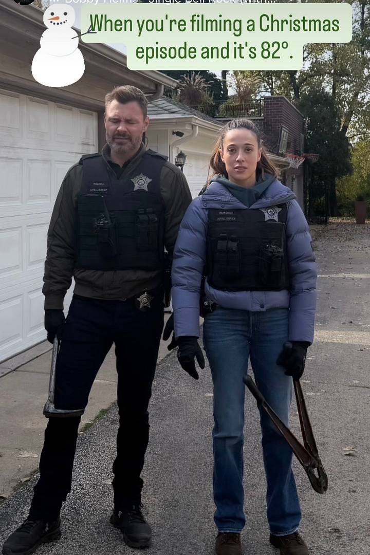 John Patrick Flueger and Marina Squerciati on the set of Chicago PD John Patrick Flueger and Marina Squerciati on the set of Chicago PD
