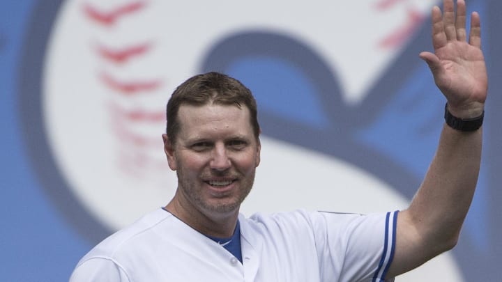 Former Toronto Blue Jays pitcher Roy Halladay acknowledges the crowd after being introduced during the 40th Season Ceremonies prior to a game against the Houston Astros at Rogers Centre in 2016.