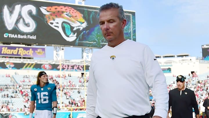 Jacksonville Jaguars head coach Urban Meyer and quarterback Trevor Lawrence (16) walks off the field after Sunday's loss to the 49ers. The Jacksonville Jaguars hosted the San Francisco 49ers Friday, November 21, 2021, at TIAA Bank Field in Jacksonville, Florida. The Jaguars went into the half trailing 20 to 3 and lost with a final score of 30 to 10.
Jki 112121 Bsjagsvs49ers 10 Jacksonville Jaguars head coach Urban Meyer and quarterback Trevor Lawrence (16) walks off the field after Sunday's loss to the 49ers. The Jacksonville Jaguars hosted the San Francisco 49ers Friday, November 21, 2021, at TIAA Bank Field in Jacksonville, Florida. The Jaguars went into the half trailing 20 to 3 and lost with a final score of 30 to 10.
Jki 112121 Bsjagsvs49ers 10