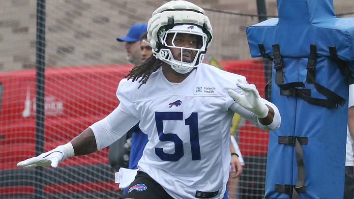 Bills linebacker Mike Danna cuts around a blocking sled during day two of Buffalo Bills training camp at St. John Fisher University Thursday, July 30, 2026 in Pittsford.