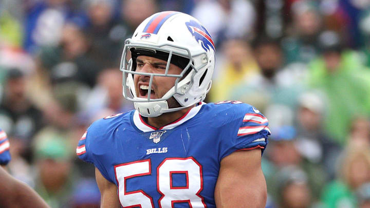 Bills linebacker Matt Milano celebrates a defensive stop against the Eagles. Bills linebacker Matt Milano celebrates a defensive stop against the Eagles.
