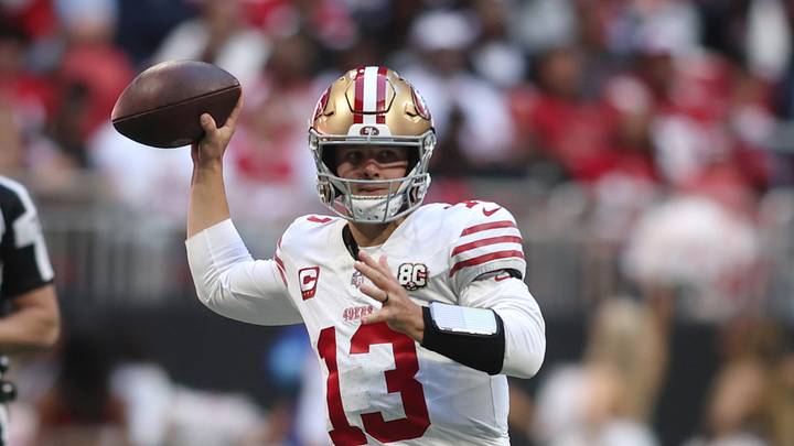 Atlanta, Georgia, USA;  San Francisco 49ers quarterback Brock Purdy (13) makes a throw during the first quarter against the Atlanta Falcons at Mercedes-Benz Stadium.  Mandatory Credit: Brett Davis-Imagn Images