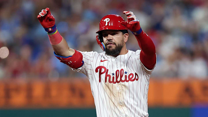 Aug 3, 2025; Philadelphia, Pennsylvania, USA; Philadelphia Phillies outfielder Kyle Schwarber (12) reacts after hitting a double against the Detroit Tigers during the sixth inning at Citizens Bank Park. Mandatory Credit: Bill Streicher-Imagn Images Aug 3, 2025; Philadelphia, Pennsylvania, USA; Philadelphia Phillies outfielder Kyle Schwarber (12) reacts after hitting a double against the Detroit Tigers during the sixth inning at Citizens Bank Park. Mandatory Credit: Bill Streicher-Imagn Images