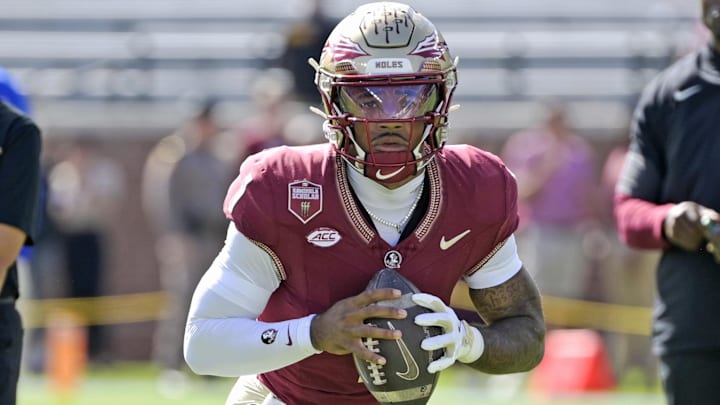 Oct 11, 2025; Tallahassee, Florida, USA; Florida State Seminoles quarterback Thomas Castellanos (1) before the game against the Pittsburgh Panthers at Doak S. Campbell Stadium. Mandatory Credit: Melina Myers-Imagn Images